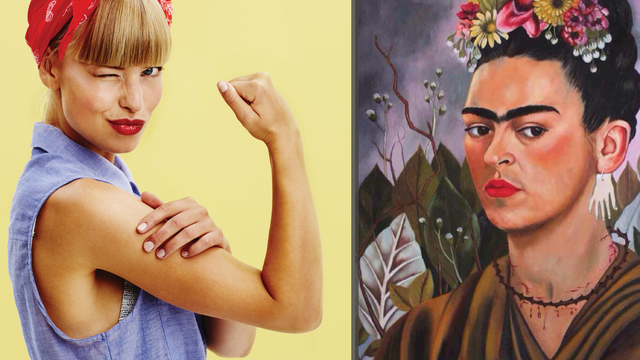 Frida Kahlo and woman flexing her arms 